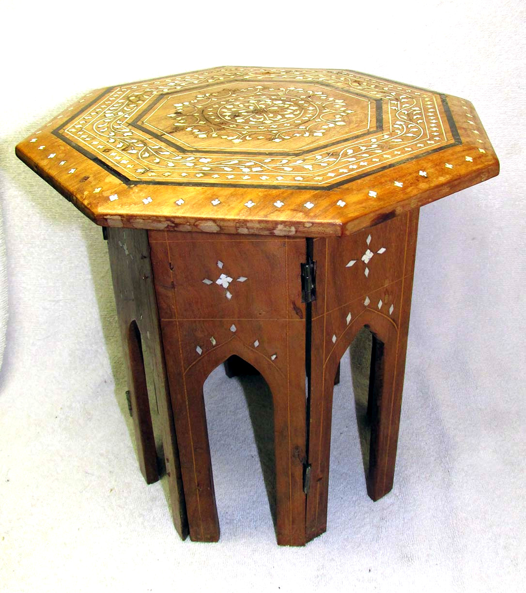 Vintage Hand Carved Wood Tiny Table w/Inlay, Portable 12″ Tall. Morocco India?