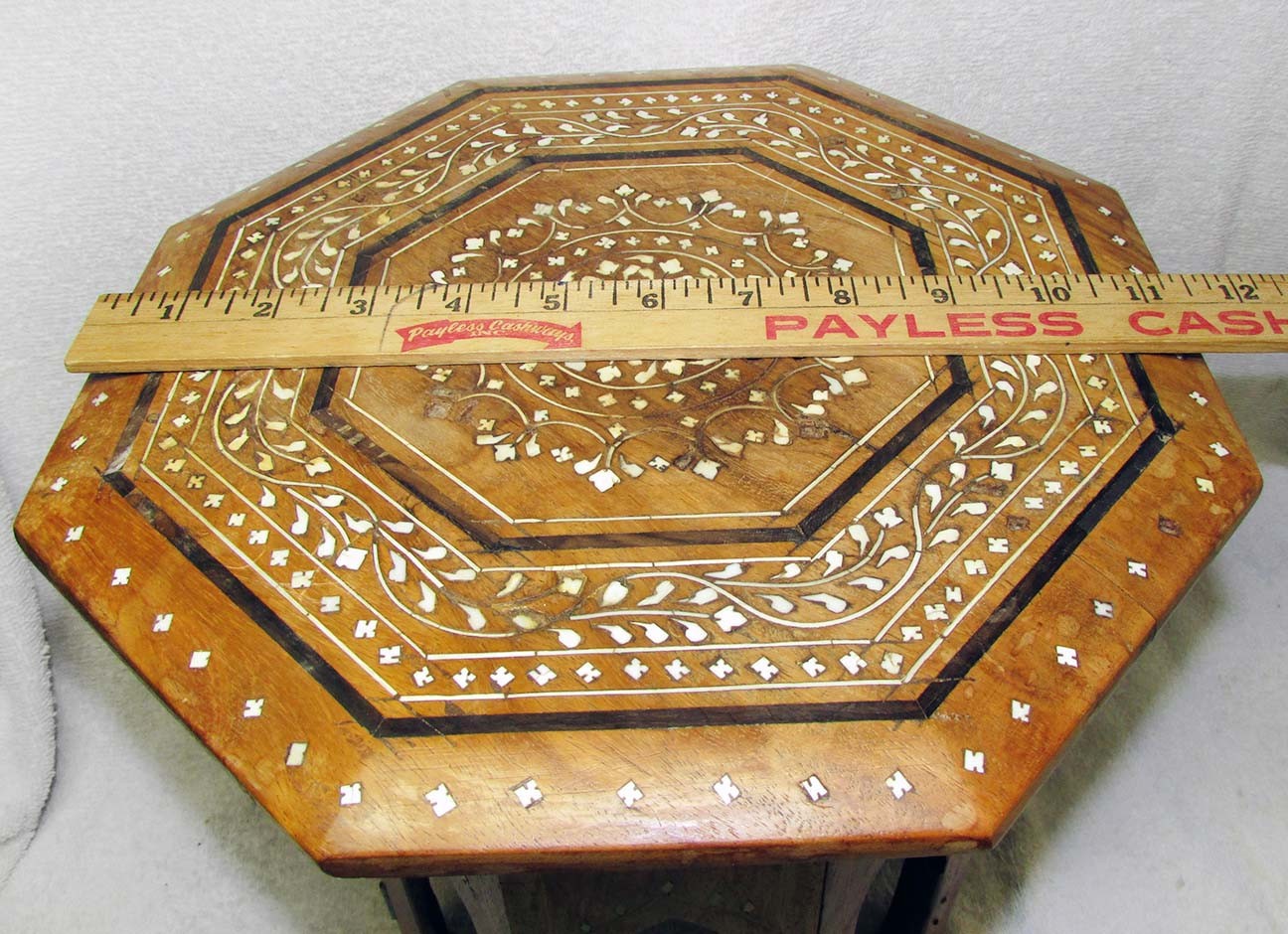 Vintage Hand Carved Wood Tiny Table w/Inlay, Portable 12″ Tall. Morocco India?