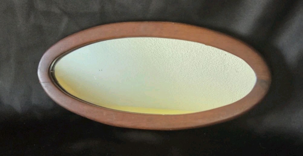 Vintage Mid Century Modern Oval Wood Accent Wall Mirror Wood Back 15.5″ x 6.5″