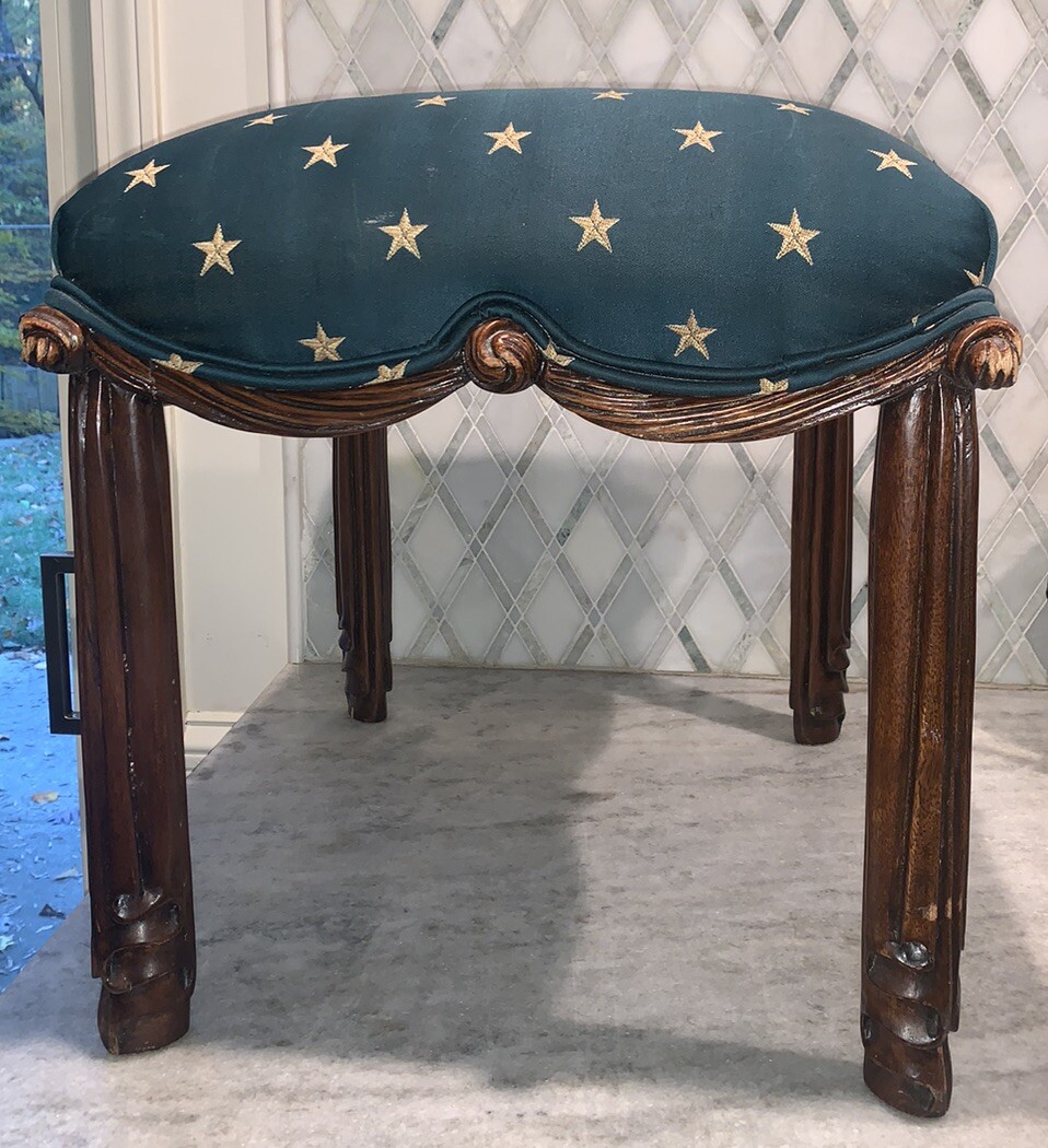 VTG Drape Swag Wood Footstool Green & Gold Star Upholstery Fabric 17.5”T 19.5”L
