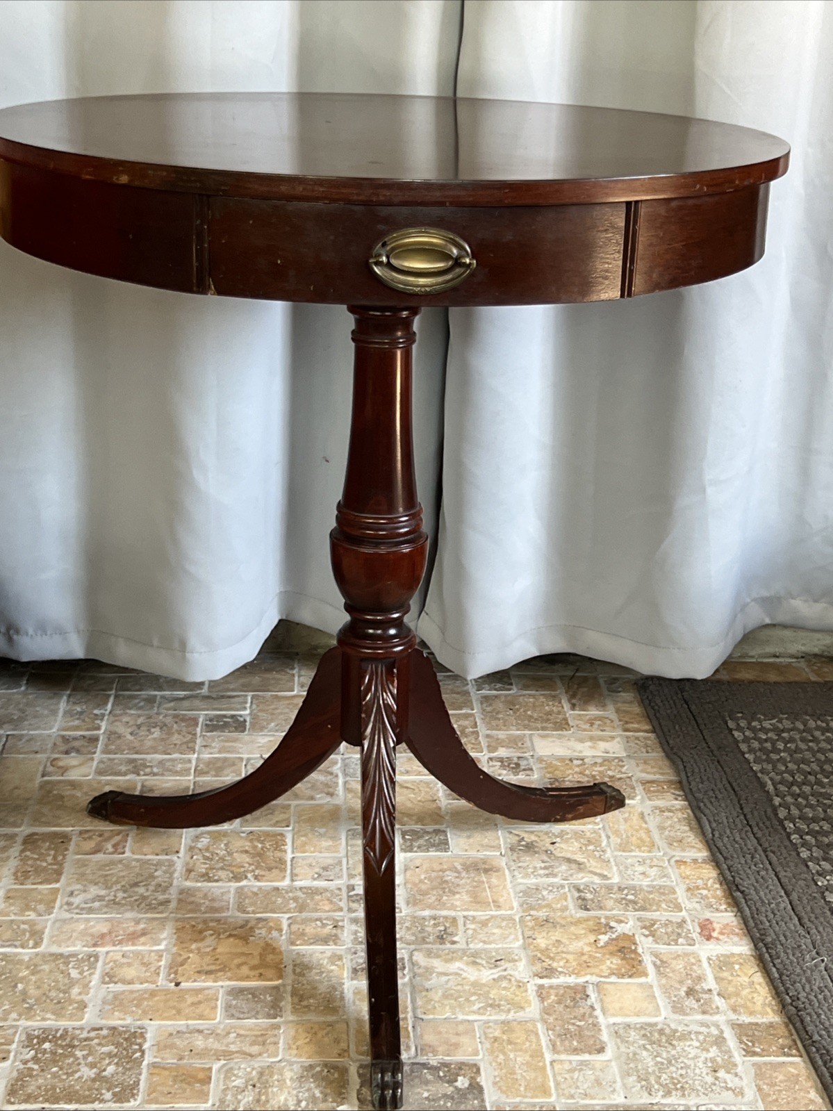 Vintage Mersman Duncan Phyfe Mahogany Round Drum Table Drawer Side Accent 24”