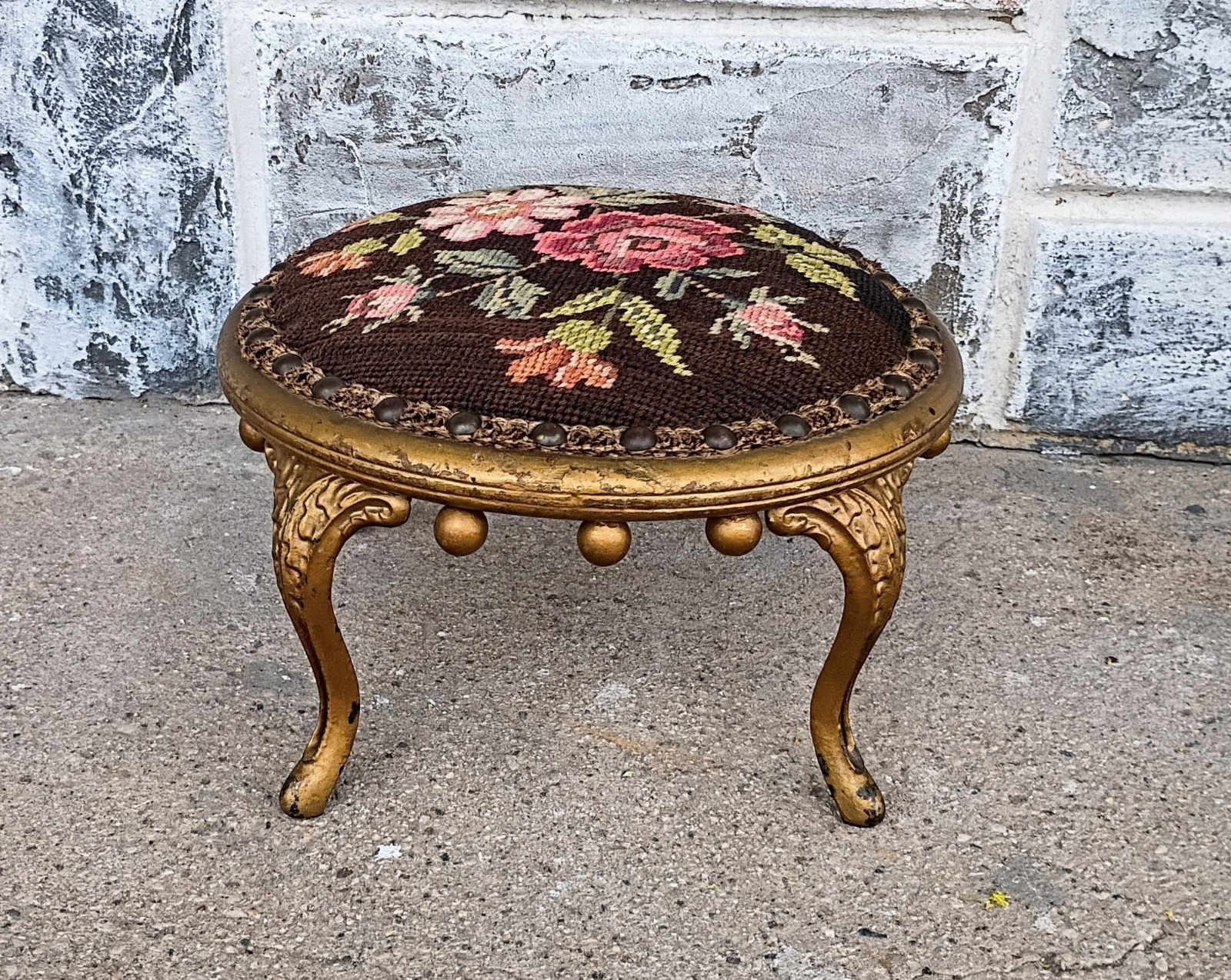 Antique Victorian Round Gold Wood & Cast Iron Floral Needlepoint Foot Stool