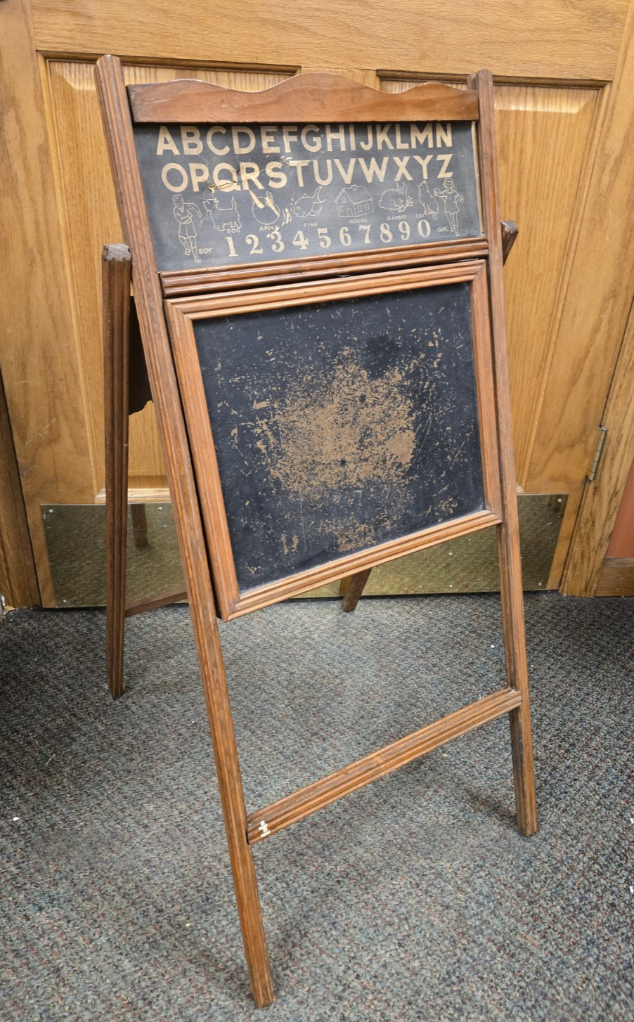 ANTIQUE PRIMATIVE CHILD’S WOOD FOLDING EASEL CHALKBOARD 35H x 17.5W