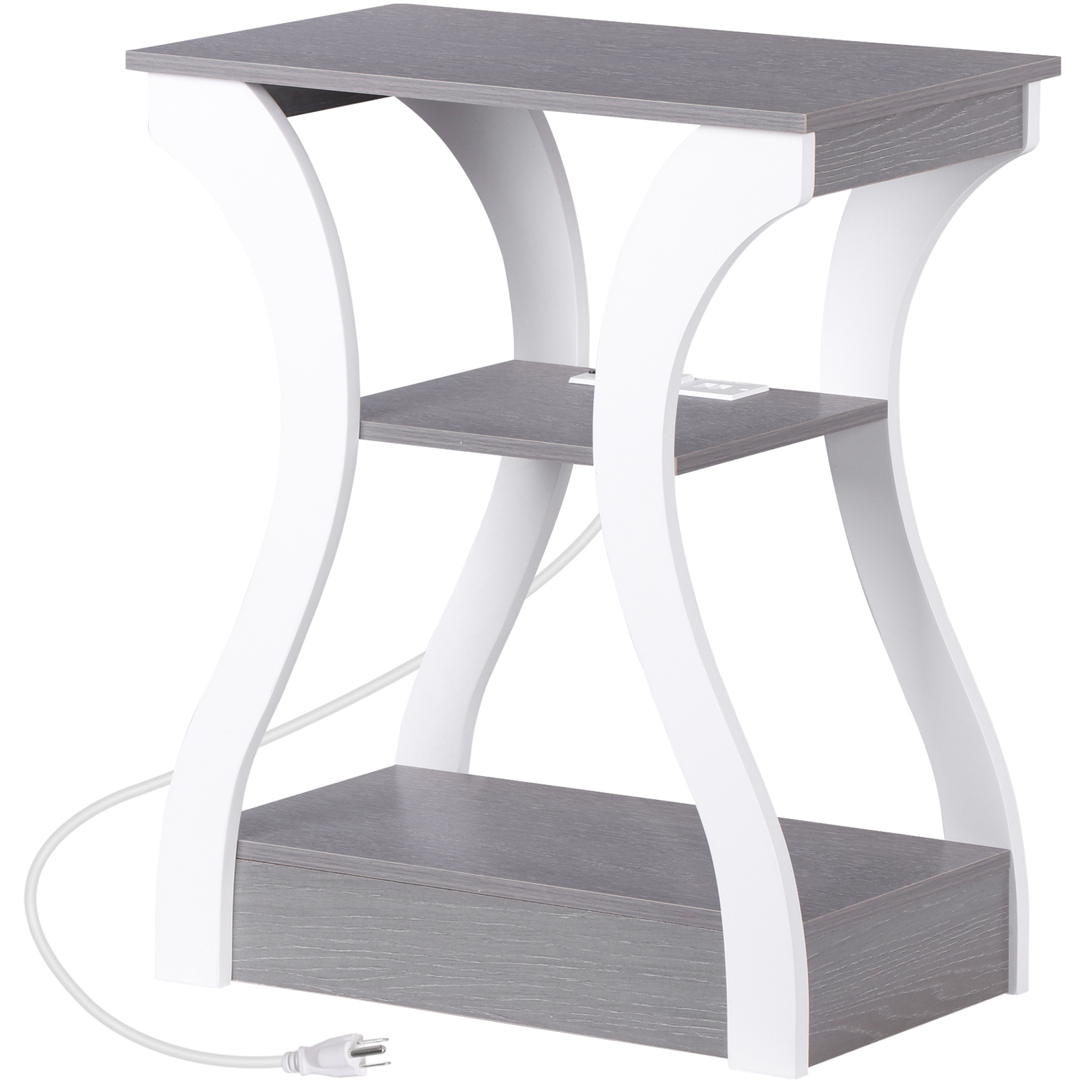 End Table w/Charging Station Narrow Nightstand Side Table w/3 Shelves Gray+White