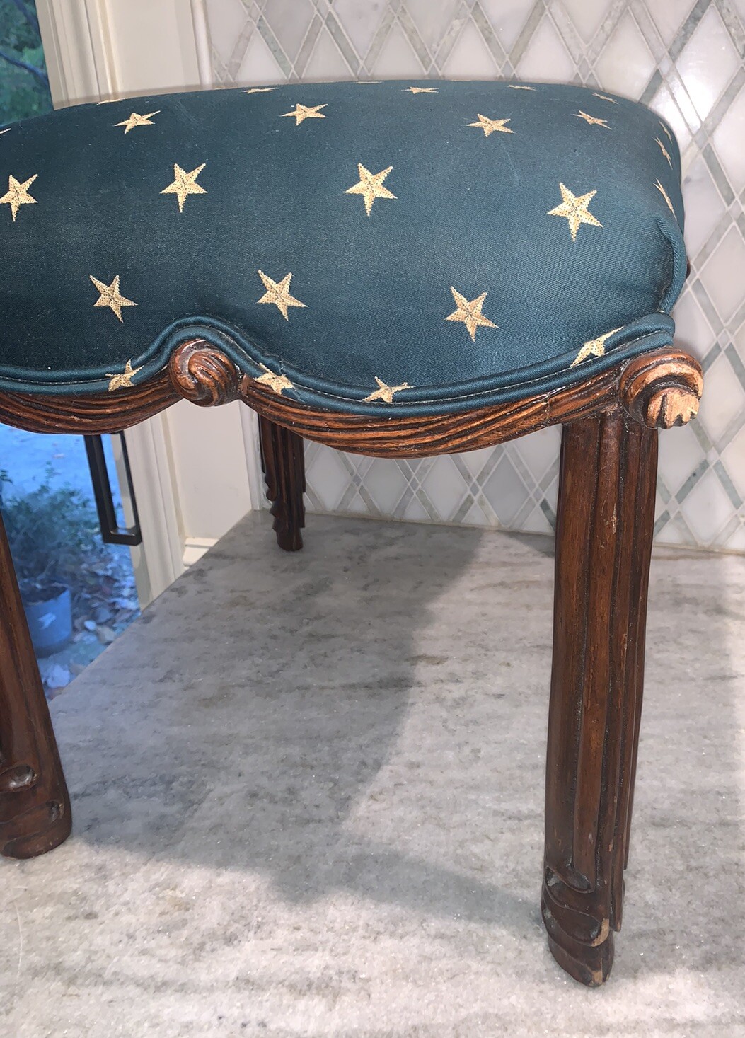 VTG Drape Swag Wood Footstool Green & Gold Star Upholstery Fabric 17.5”T 19.5”L