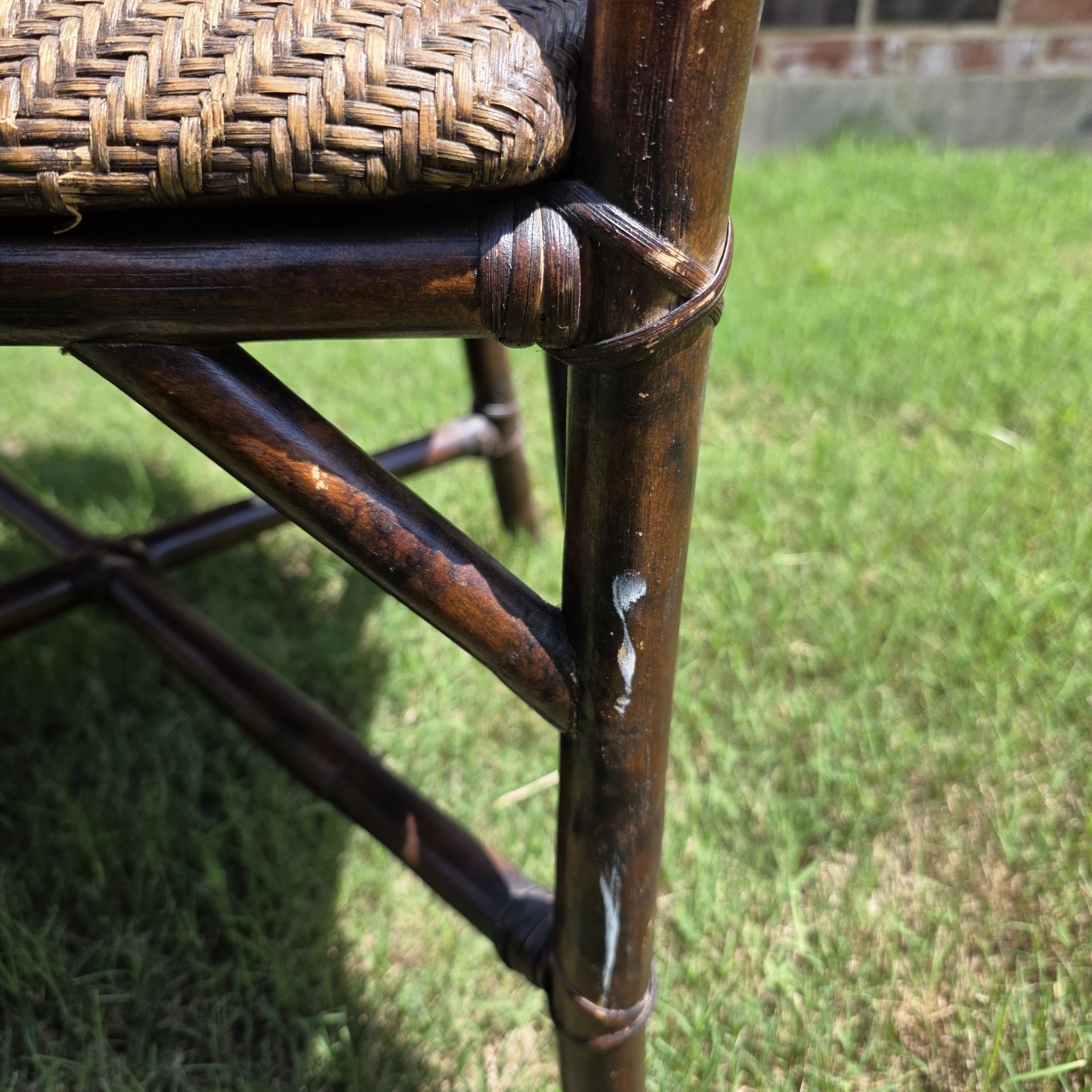Vintage Burnt Bamboo Arm Chair With Woven Grass Seat Rattan Chair