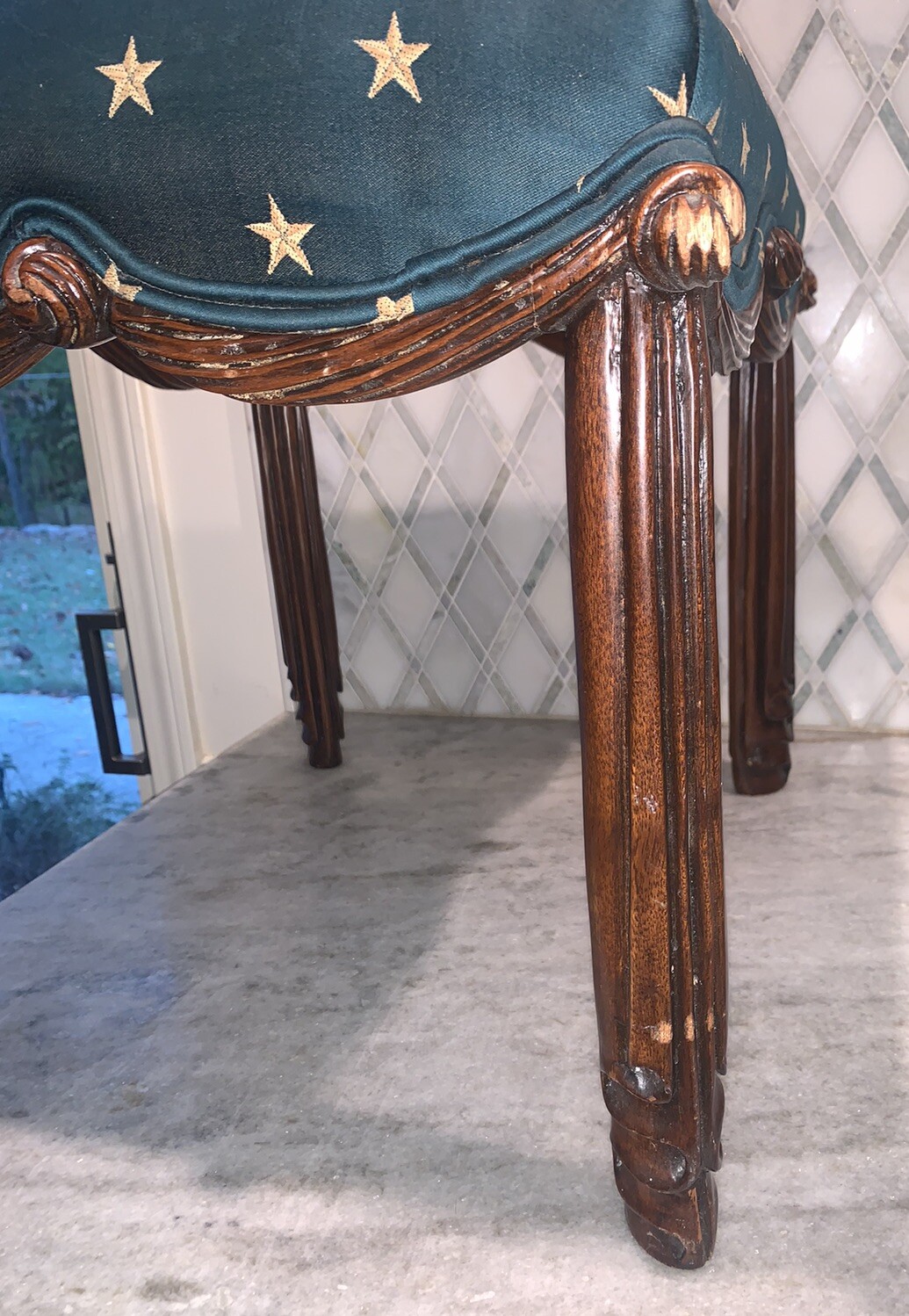 VTG Drape Swag Wood Footstool Green & Gold Star Upholstery Fabric 17.5”T 19.5”L