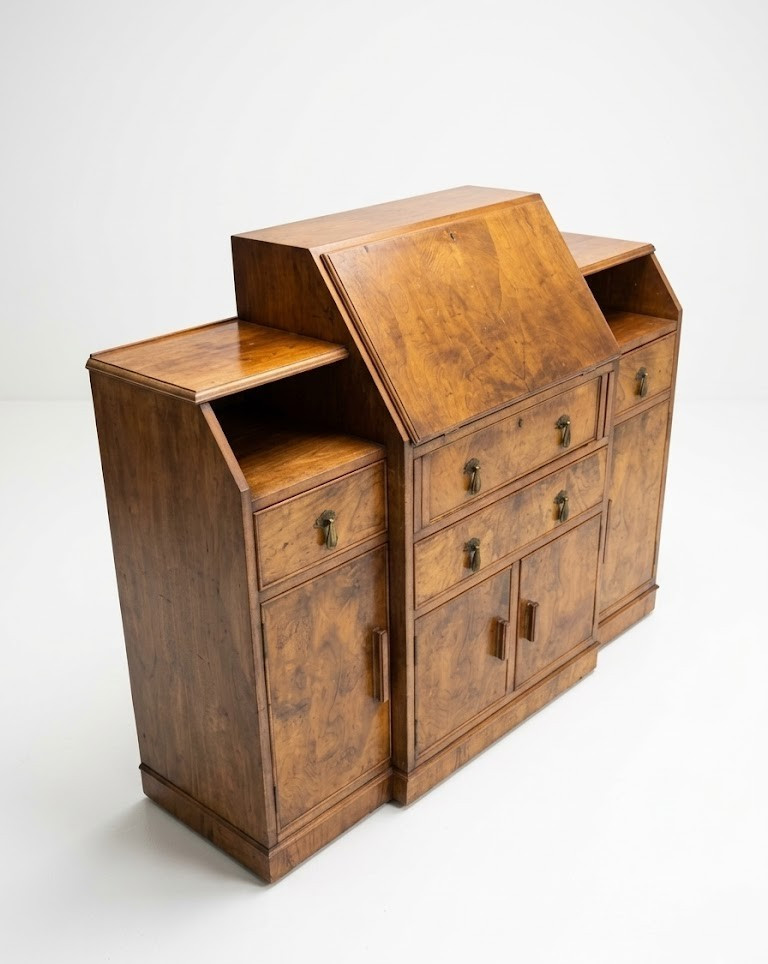 Antique Art Deco Burl Walnut Secretary Desk Sideboard Drop Front Scriban Bureau