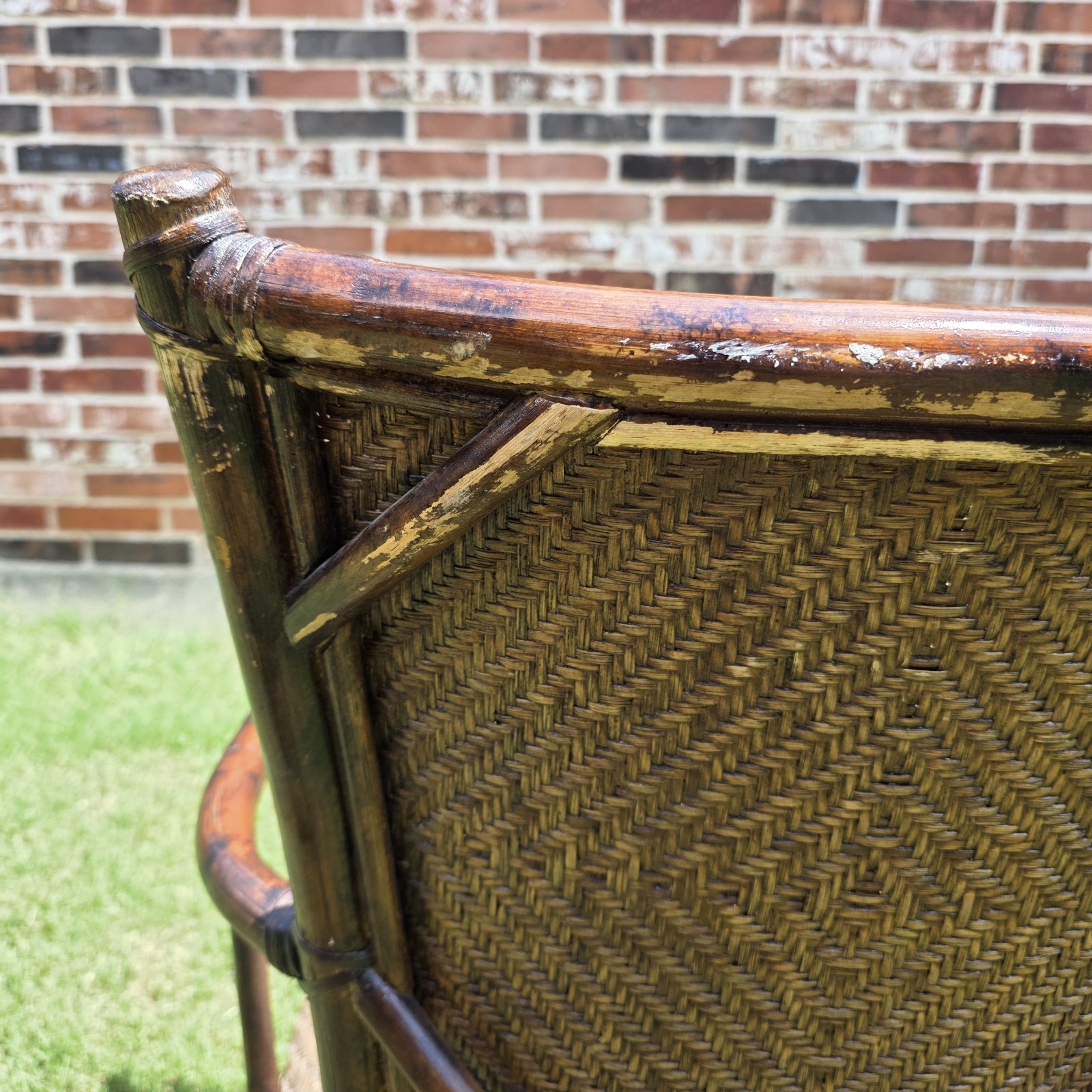 Vintage Burnt Bamboo Arm Chair With Woven Grass Seat Rattan Chair