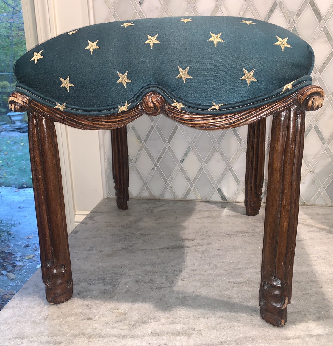 VTG Drape Swag Wood Footstool Green & Gold Star Upholstery Fabric 17.5”T 19.5”L