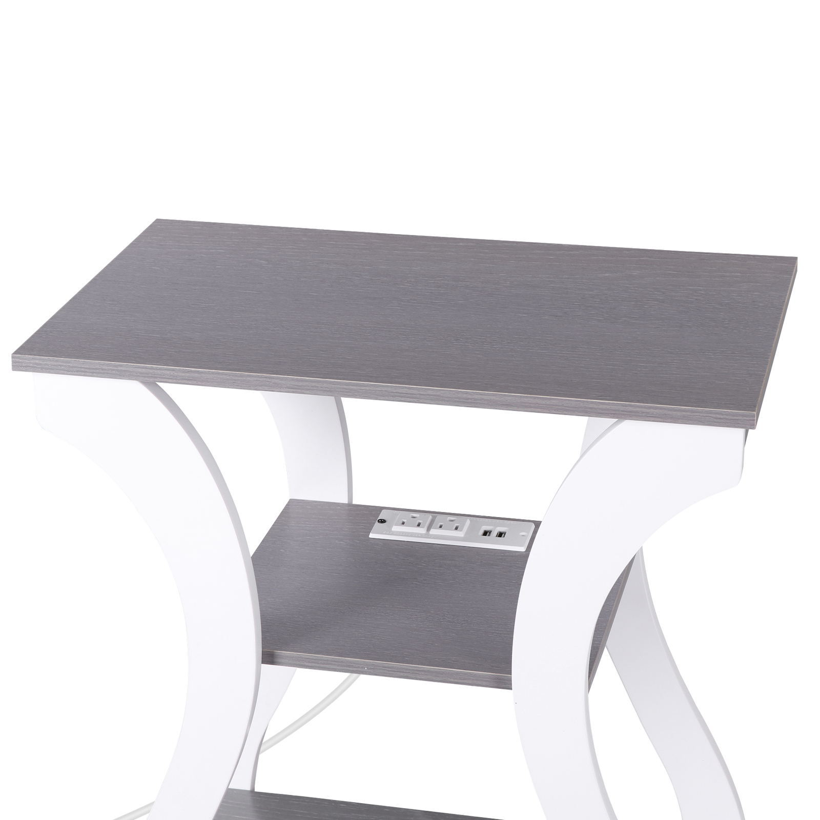End Table w/Charging Station Narrow Nightstand Side Table w/3 Shelves Gray+White