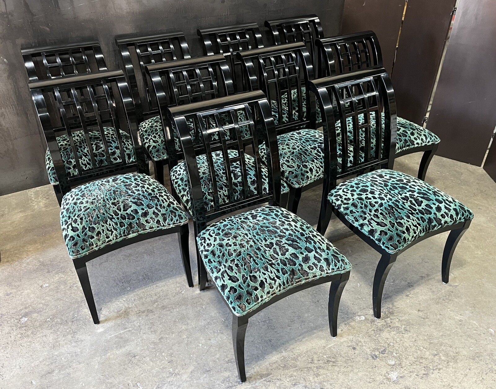 10 Pietro Costantini For Ello Black Lacquer Leopard Dining Chairs; Italy