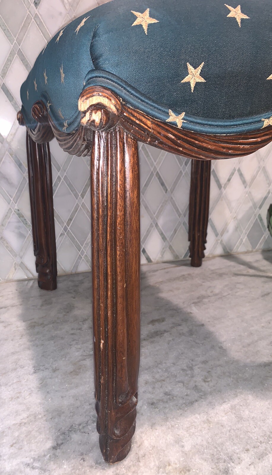 VTG Drape Swag Wood Footstool Green & Gold Star Upholstery Fabric 17.5”T 19.5”L
